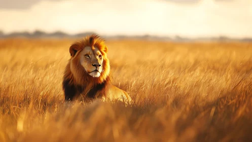 Photorealistic lion portrait in golden savanna field at dusk.