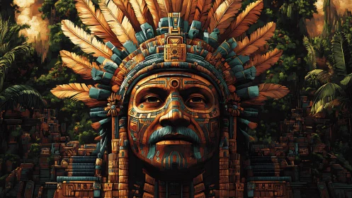 Digital painting of monumental jungle tribal mask structure.
