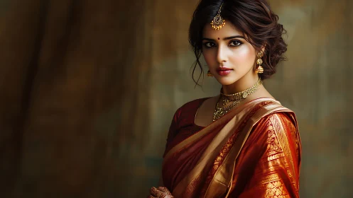 Photorealistic Indian bridal portrait with textile micro-detail.