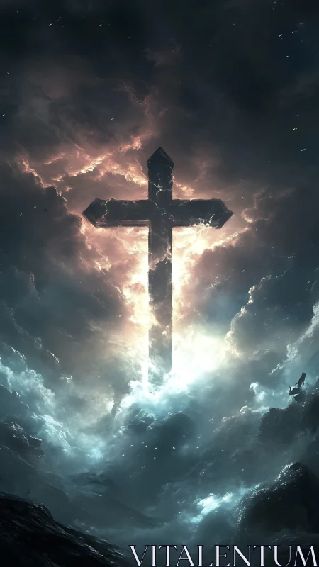 Storm-torn heavens unveil a colossal radiant stone cross.