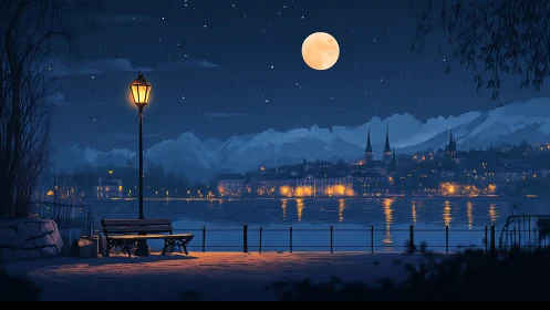Moonlit lakeside bench welcomes quiet moments and rest