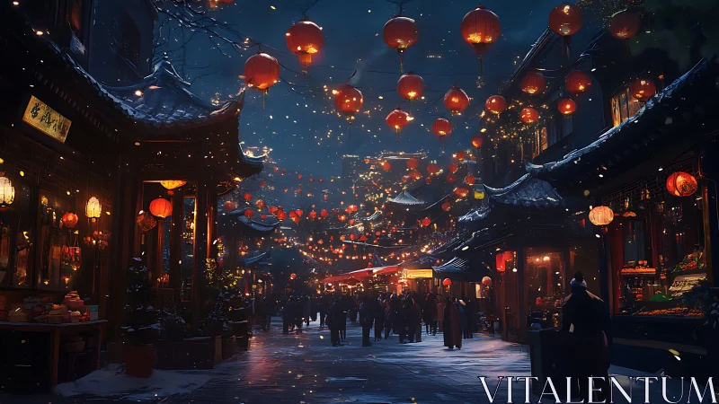Lantern-lit winter festival street in traditional Chinese district.