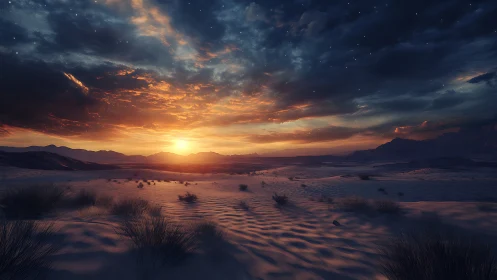Desert sunrise ignites sculpted dunes under stormy sky.