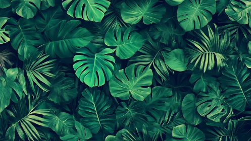 Dense overlapping tropical foliage with layered monstera leaves