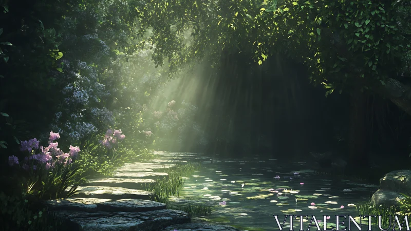 Sunlit lily pond and stone path in a hush of secret green.