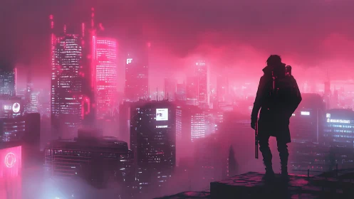 Silhouetted figure overlooking dense neon pink cyber cityscape.