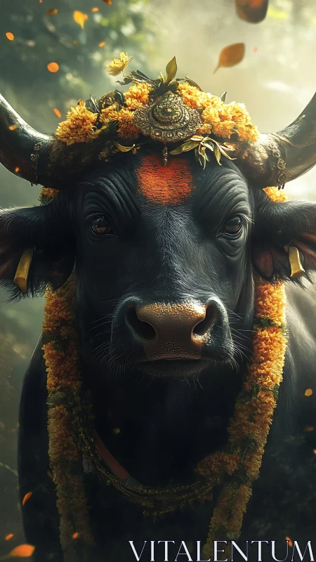 Sacred black buffalo wears marigold garlands in forest light.