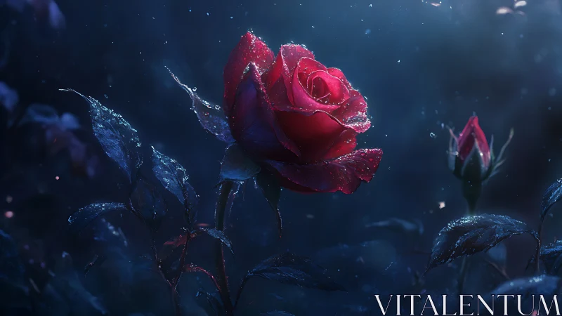 Red rose with frost in dark blue light.