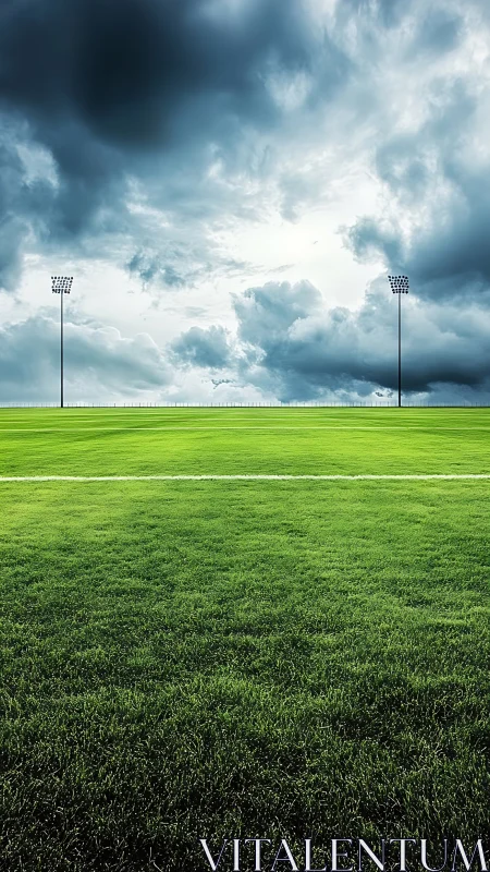 Empty stadium field under heavy storm clouds at dusk.