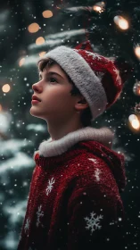 Side profile captures youth in red hat amid falling snow