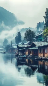 Misty lakeside cabins whispering over glass-still water.