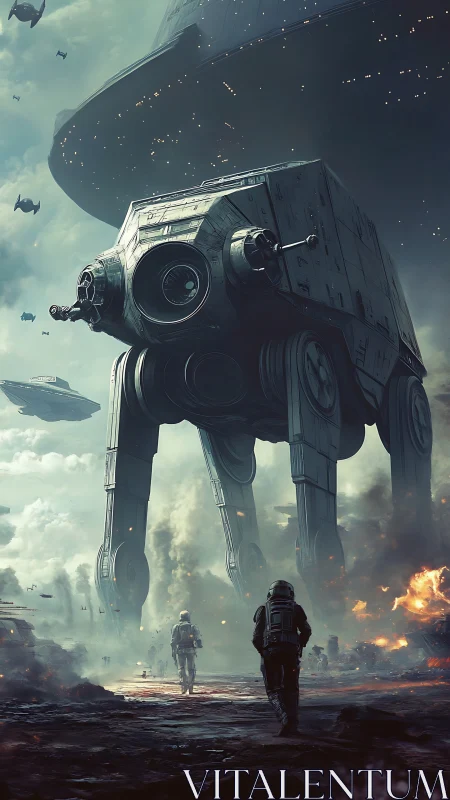 Cinematic sci-fi battlefield with towering mech walker construct.