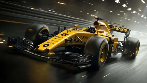 Golden Formula race car explodes through a neon lit night circuit