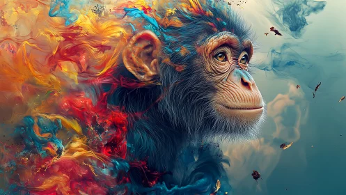 Primate portrait within swirling multicolor abstract forms.