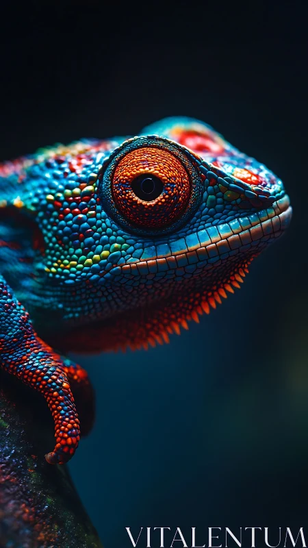 Vivid chameleon portrait glows with neon-scaled detail.
