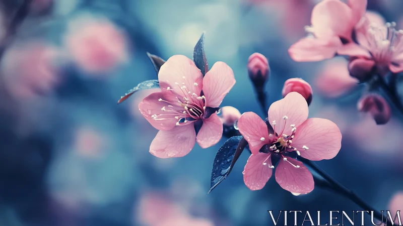 Pink Blossoms With Dew Drops Against Blue Background.