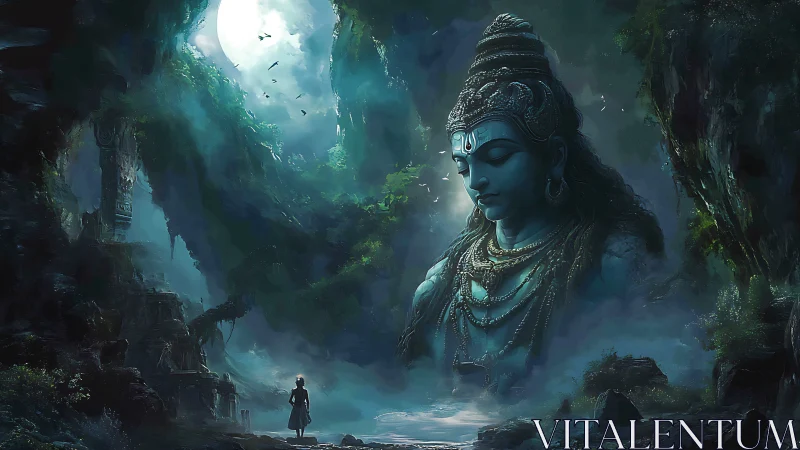 Moonlit cavern reveals colossal serene deity above wanderer.