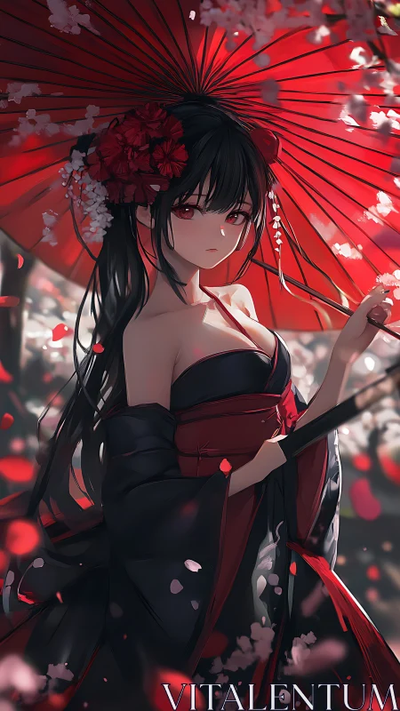 Graceful girl under a red umbrella enjoys soft falling petals