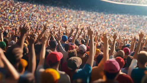 Cheering sports crowd fills sunlit stadium stands.