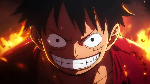 Fiery anime hero grins against blazing burning backdrop.