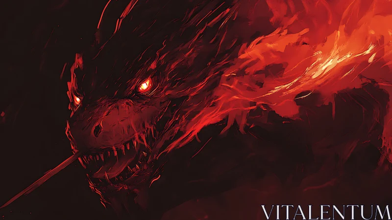 Fiery dragon head with glowing eyes in dark background.