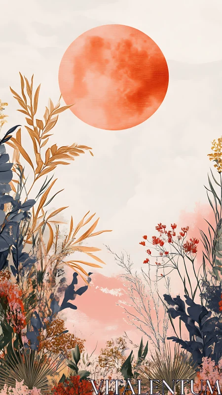 Crimson moon hums quietly above a painted autumn thicket