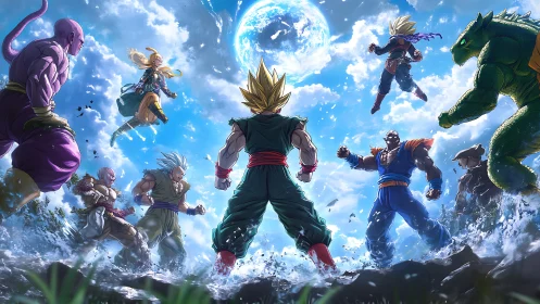 Skylit battle circle of bold heroes and looming rivals.