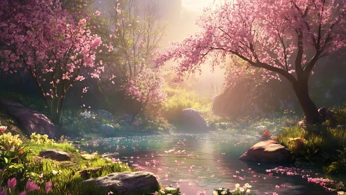 Cherry blossom grove over tranquil sunlit forest pond.