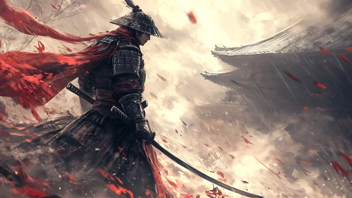 Digital painting of lone samurai with dynamic red drapery.