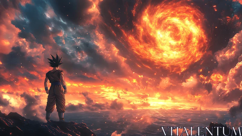 Lone warrior confronting a blazing celestial vortex at dusk.