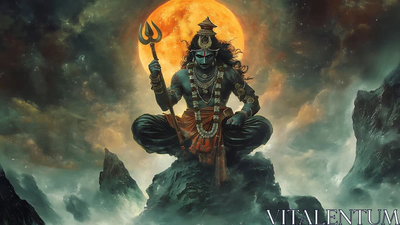 Divine warrior deity under blazing orange full moon