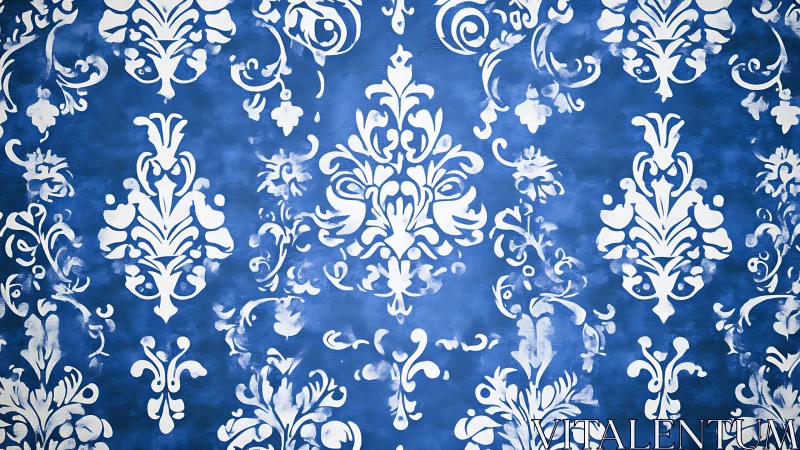 Ornate white damask stencil repeats on textured cobalt ground
