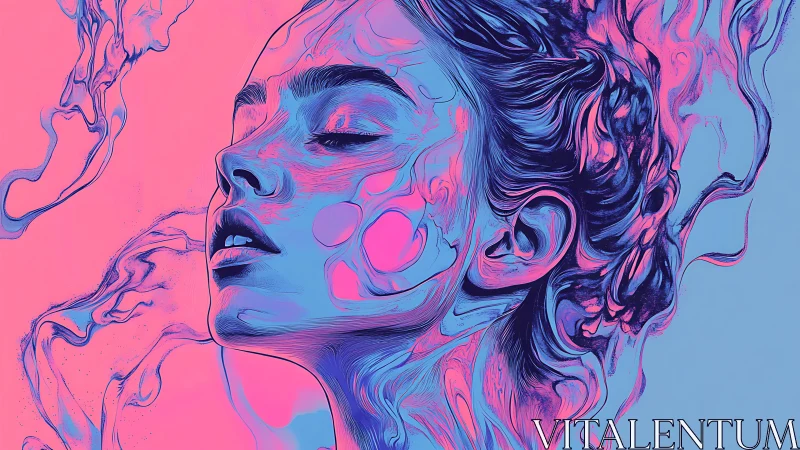 Neon dreamlike portrait merges serenity with flowing chaos