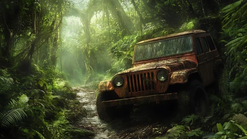 Rusty off-road jeep rests abandoned in dense jungle trail
