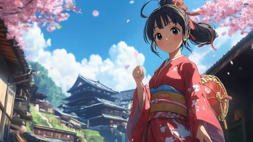 Kimono-clad girl under sakura in sunlit traditional street