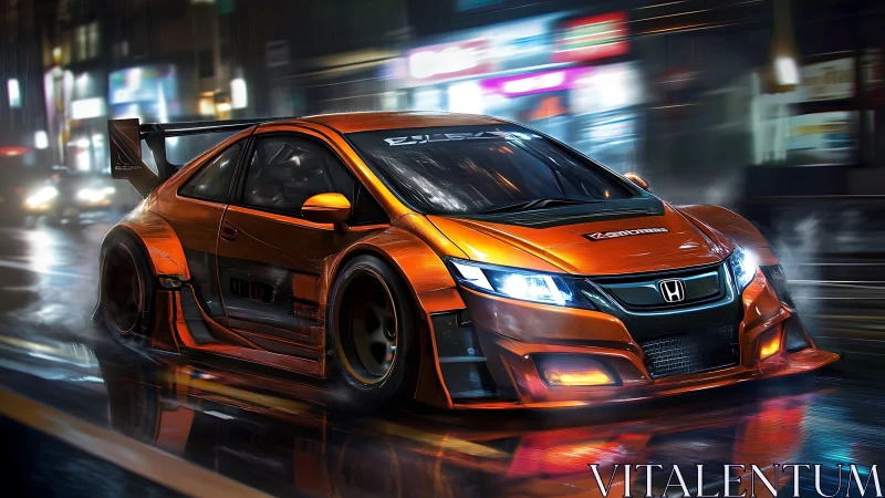 Turbocharged Honda street racer on neon lit wet city road