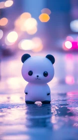 Cute panda toy on neon city street at night scene.