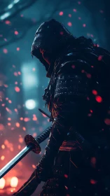 Backlit armored swordsman in hooded cloak amid bokeh embers