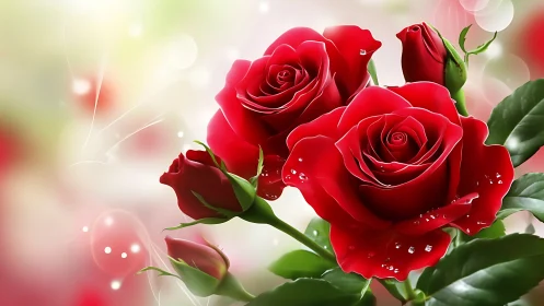 Crimson Roses Dance Through Ethereal Light and Liquid Drops