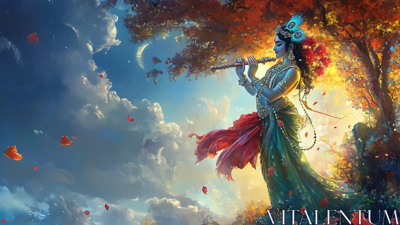 Flute-born starlight drifts between autumn trees and clouds