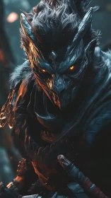 Fierce ember-eyed bird warrior pauses in a moody forest glow