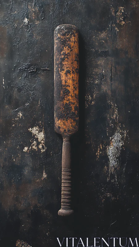 Weathered wooden club on distressed dark metal surface