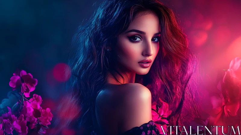 Neon-bloomed muse in electric dusk and orchid glow.