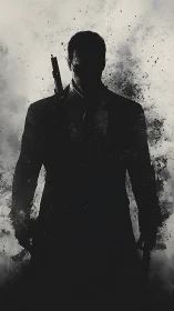 Shadow-slick hitman emerges from splintered monochrome chaos.