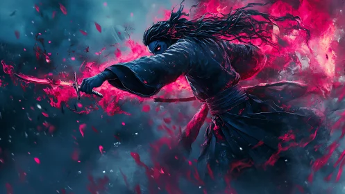 Sword-wielding figure advances through red energy field