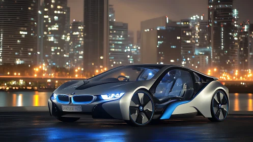 Electric city cruiser gliding through glowing night skyline.