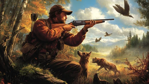 Hunter with rifle and dogs in autumn forest landscape scene.