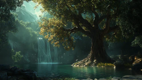 Massive twisted tree anchors luminous cove with cascading falls