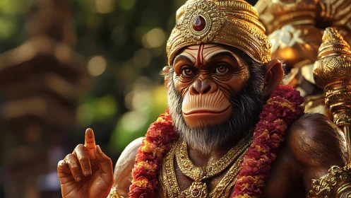 Golden monkey deity in serene sunlight and garlanded grace.