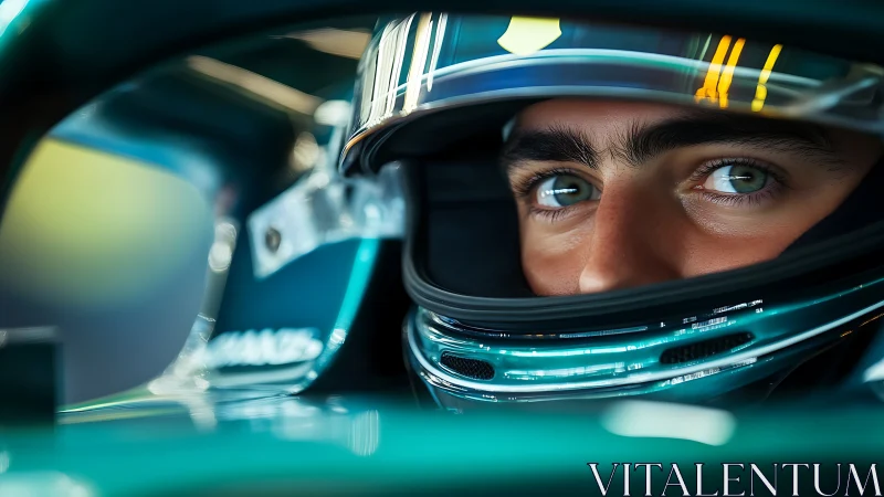 Calm racer&rsquo;s focused eyes behind a gleaming teal helmet.